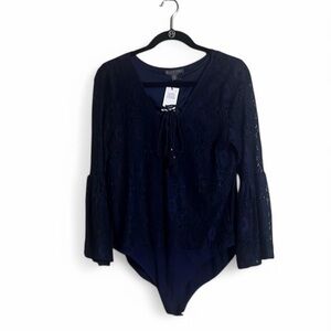 Highline Top Sz XL Navy Lace Bodysuit Bell Sleeves Feminine Western Fairy Office